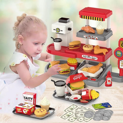 71 Pcs Kids Fast Food Playset Caterer Kitchen Toy Set with Cash Register & Drink Dispenser