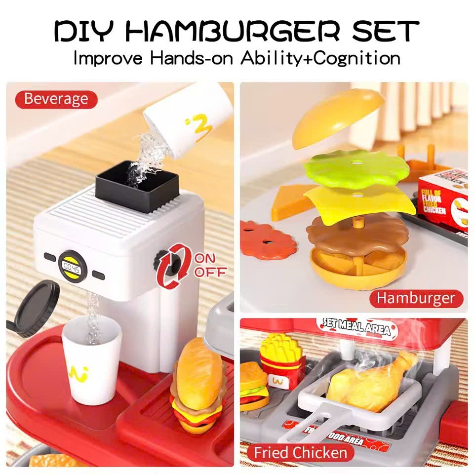 71 Pcs Kids Fast Food Playset Caterer Kitchen Toy Set with Cash Register & Drink Dispenser