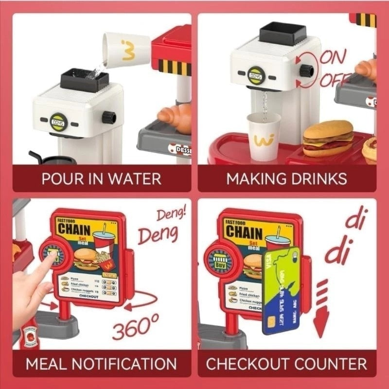 71 Pcs Kids Fast Food Playset Caterer Kitchen Toy Set with Cash Register & Drink Dispenser