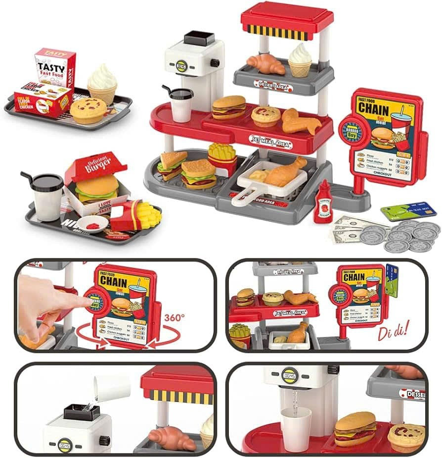 71 Pcs Kids Fast Food Playset Caterer Kitchen Toy Set with Cash Register & Drink Dispenser