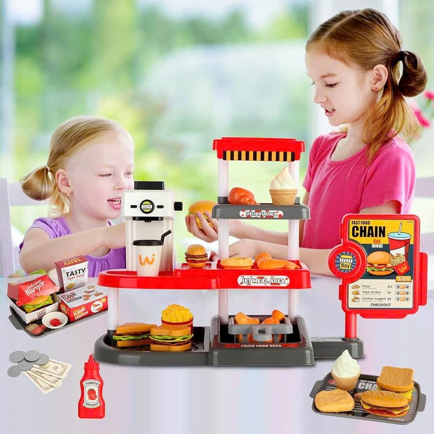 71 Pcs Kids Fast Food Playset Caterer Kitchen Toy Set with Cash Register & Drink Dispenser