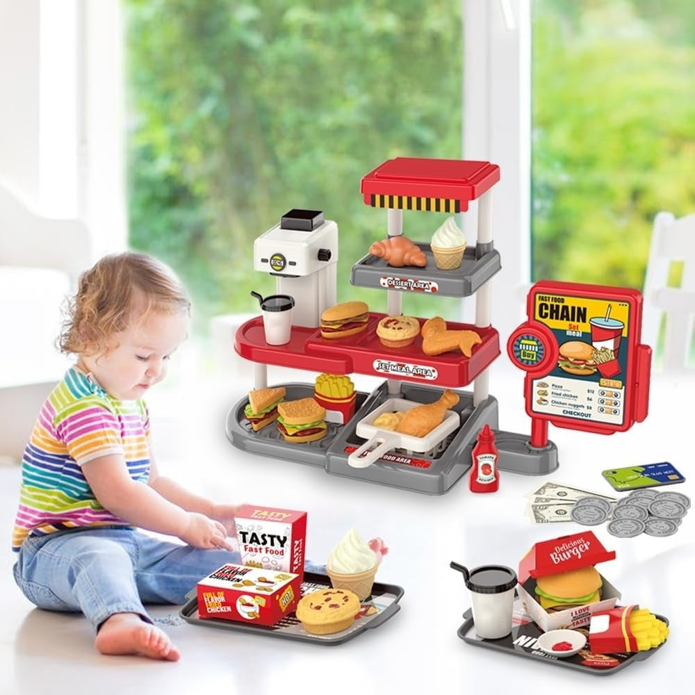 71 Pcs Kids Fast Food Playset Caterer Kitchen Toy Set with Cash Register & Drink Dispenser