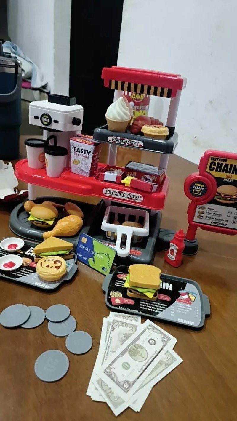 71 Pcs Kids Fast Food Playset Caterer Kitchen Toy Set with Cash Register & Drink Dispenser