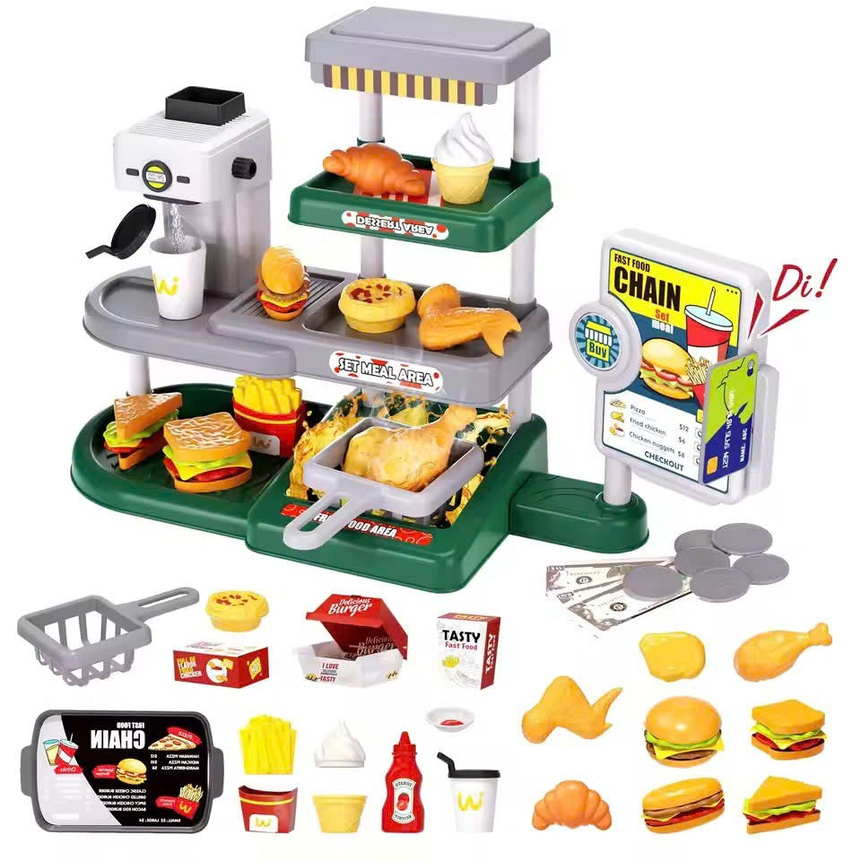 71 Pcs Kids Fast Food Playset Caterer Kitchen Toy Set with Cash Register & Drink Dispenser