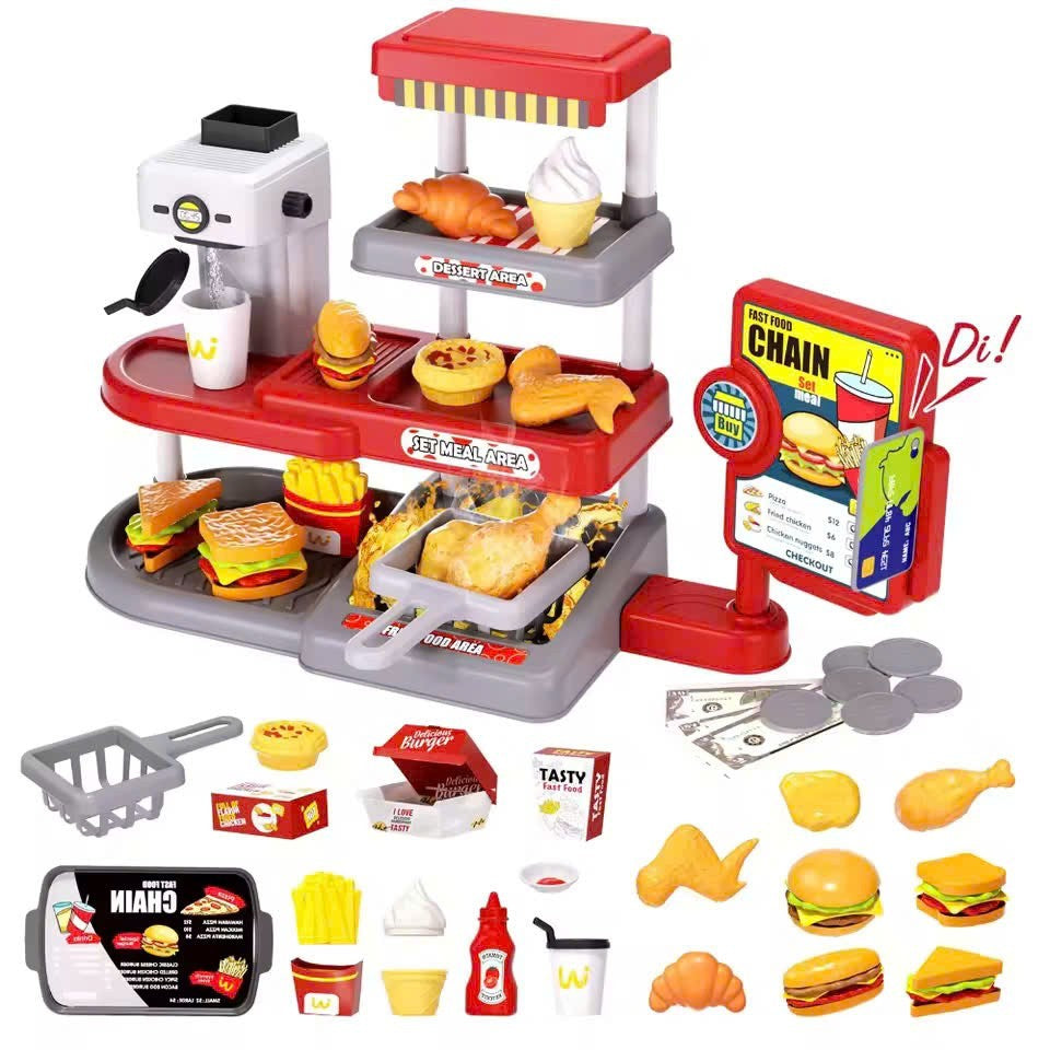 71 Pcs Kids Fast Food Playset Caterer Kitchen Toy Set with Cash Register & Drink Dispenser
