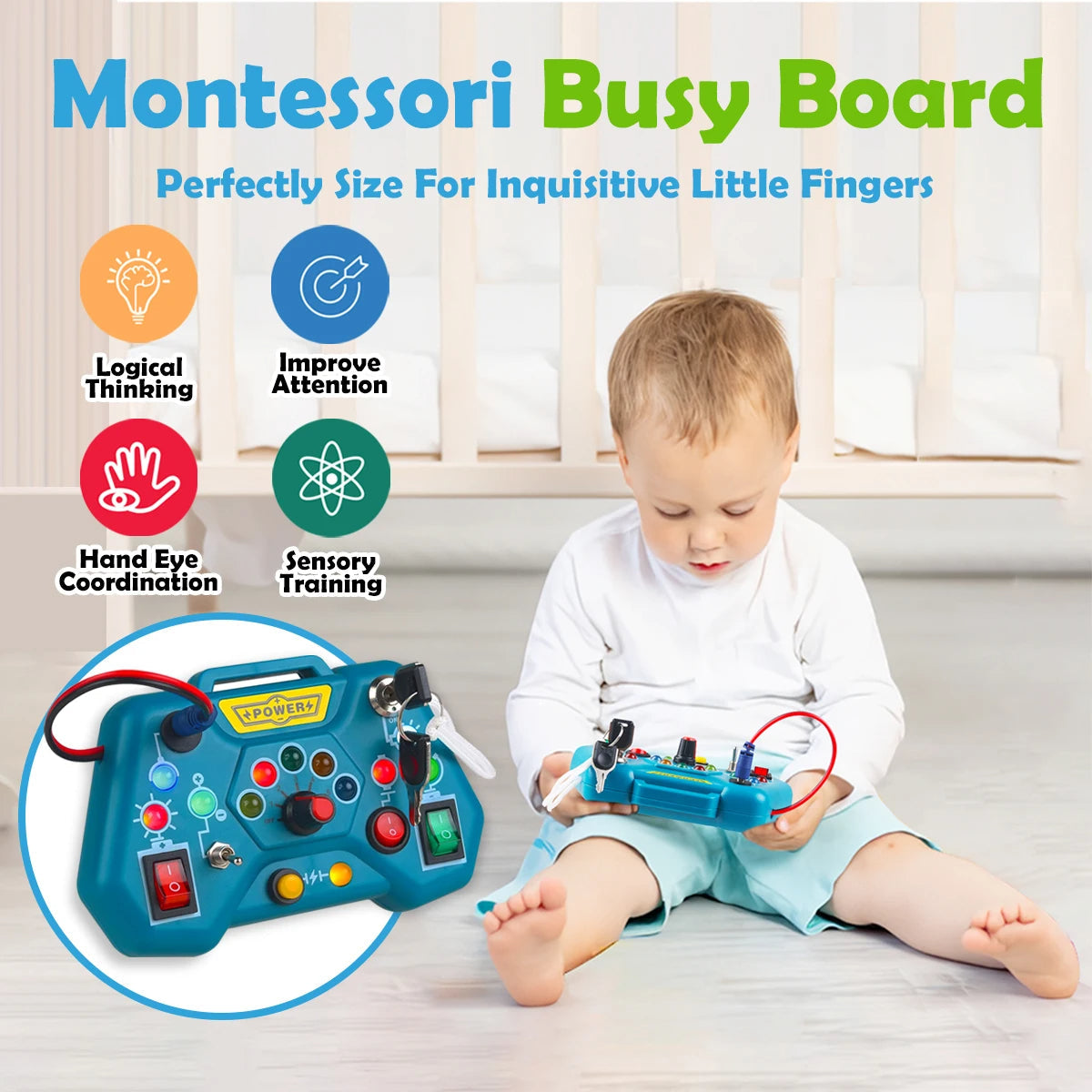 8-in-1 Montessori Busy Board Toy, Ages 3+, Multiple LED Light Switches, Non-toxic