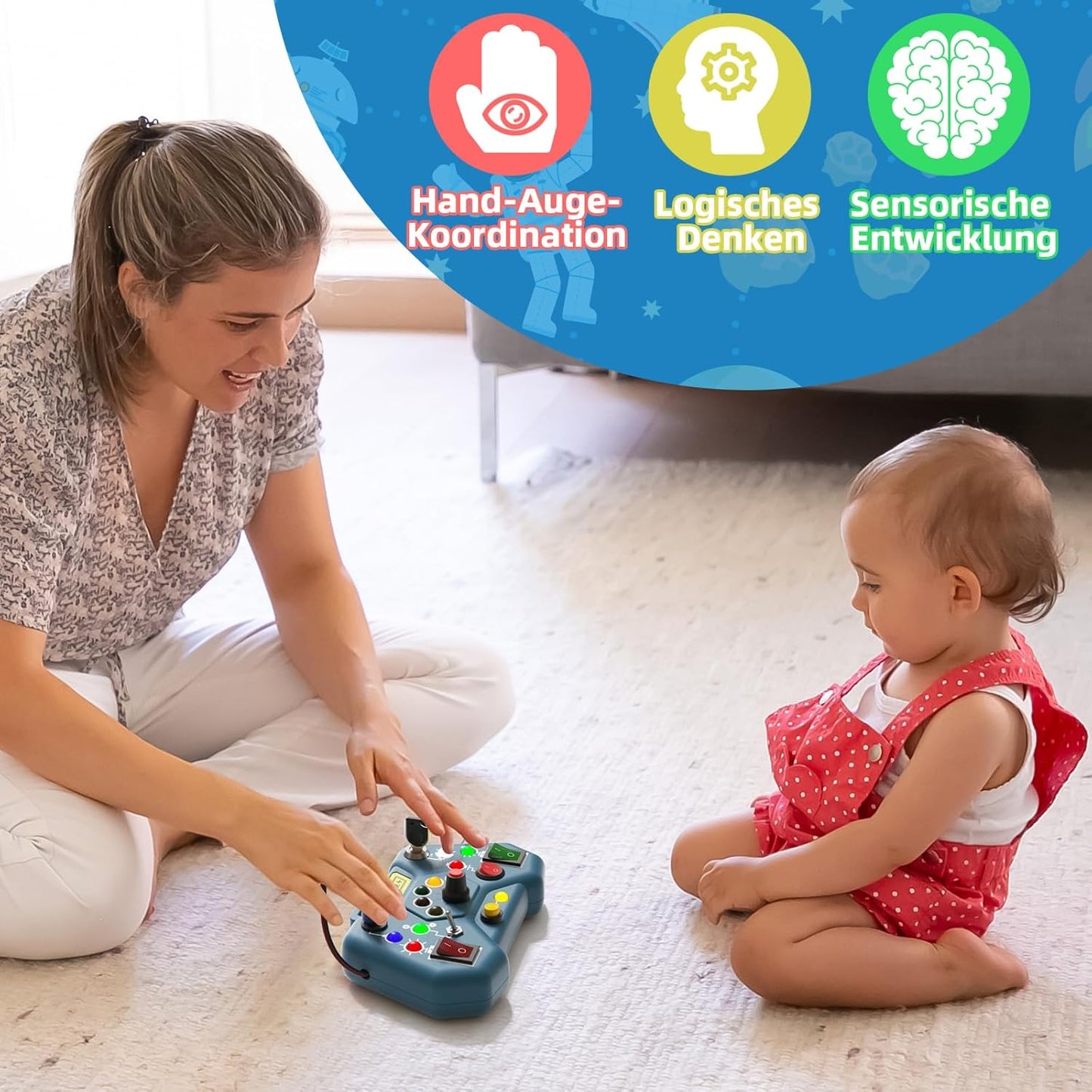 8-in-1 Montessori Busy Board Toy, Ages 3+, Multiple LED Light Switches, Non-toxic