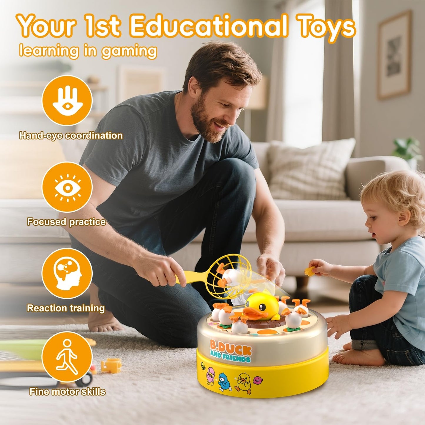 Children Duck Fishing Toy with Spring Popping Ducks, Catching Net and Spinner Base – Safe for Ages 3+