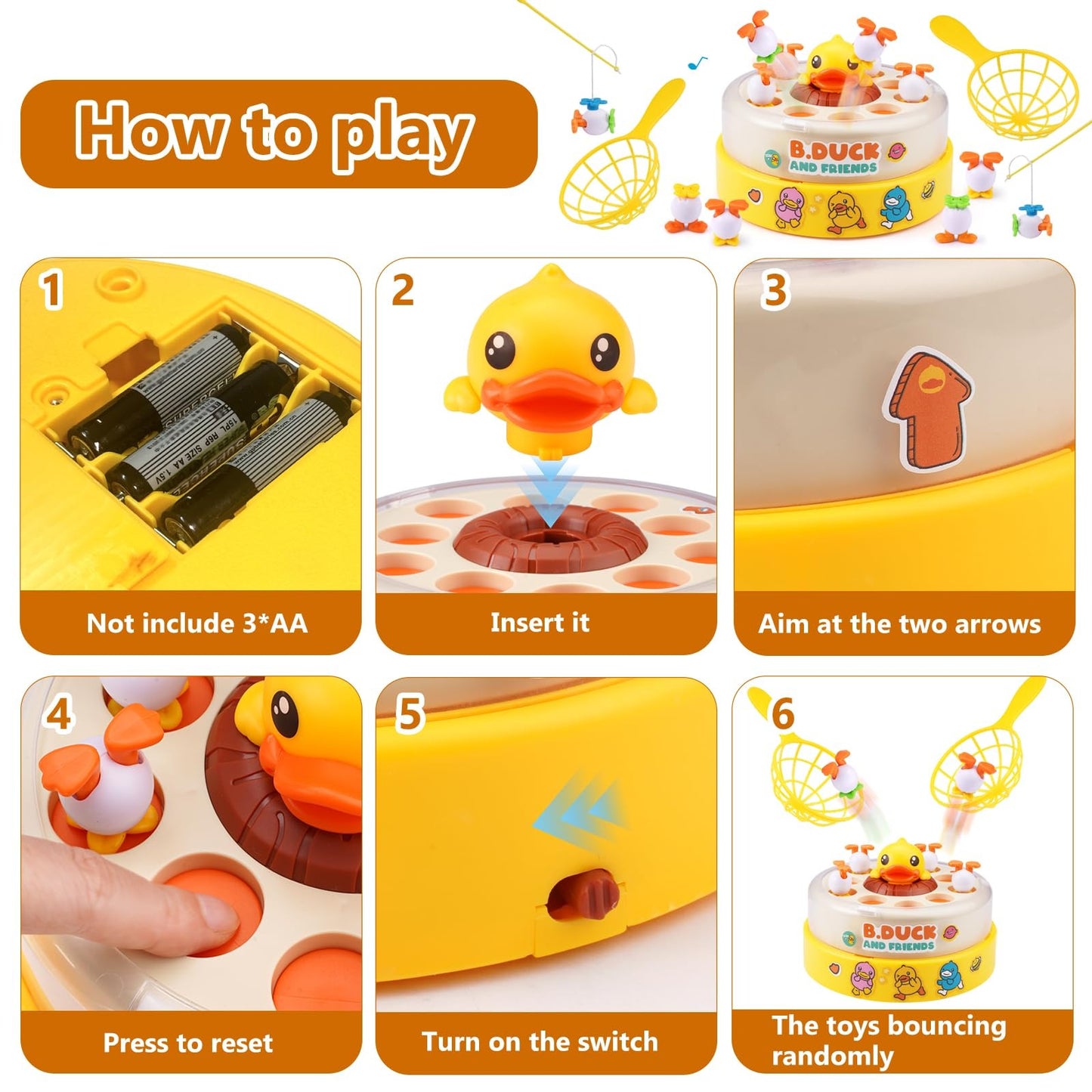 Children Duck Fishing Toy with Spring Popping Ducks, Catching Net and Spinner Base – Safe for Ages 3+