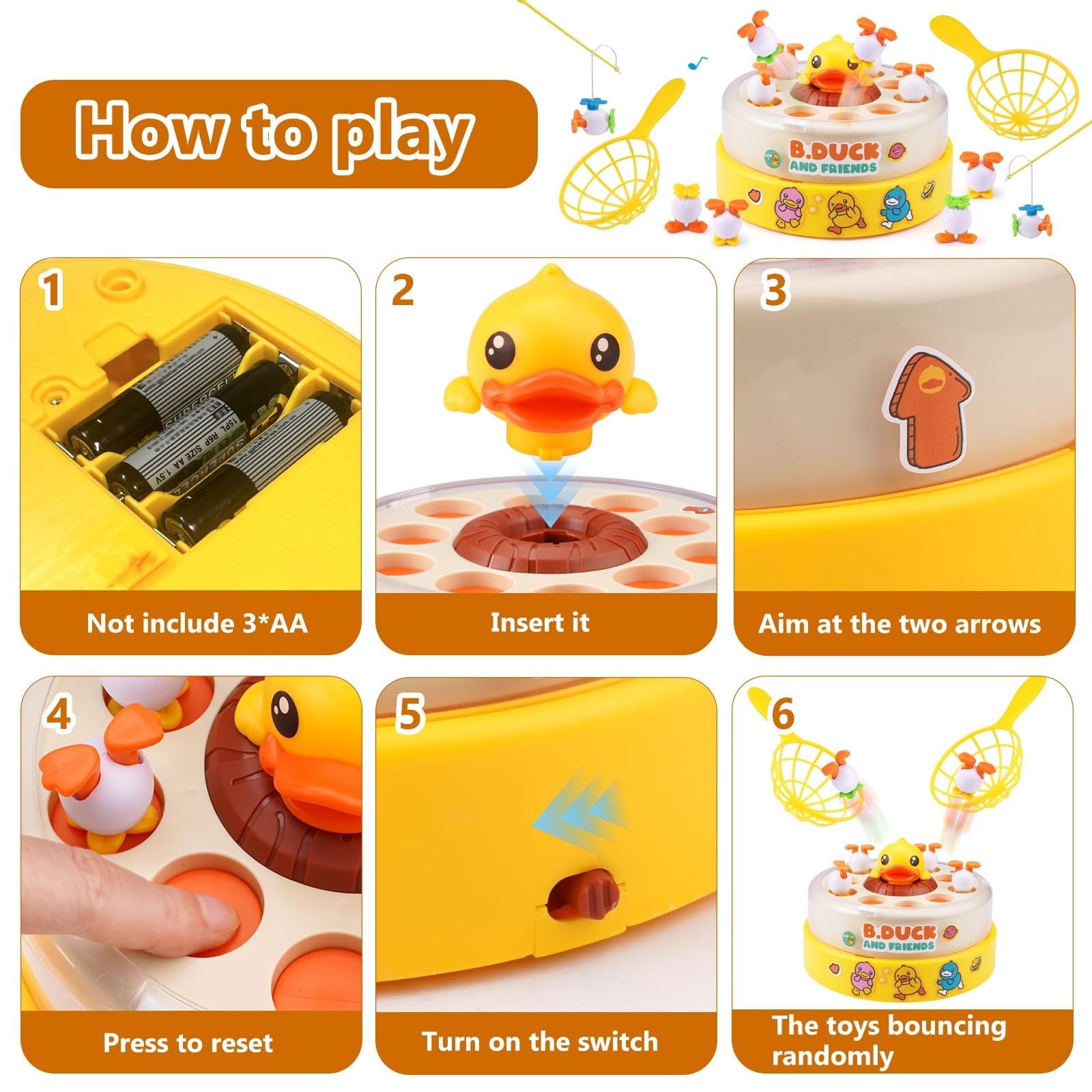 Children Duck Fishing Toy with Spring Popping Ducks, Catching Net and Spinner Base – Safe for Ages 3+