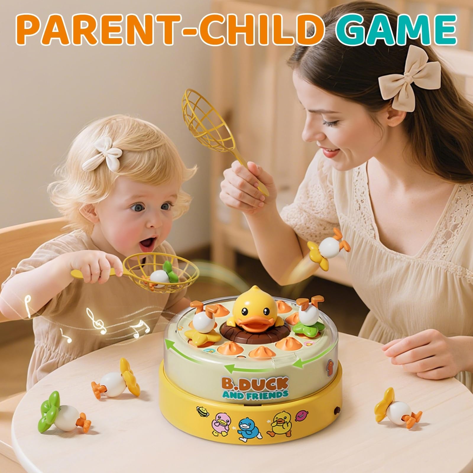 Children Duck Fishing Toy with Spring Popping Ducks, Catching Net and Spinner Base – Safe for Ages 3+