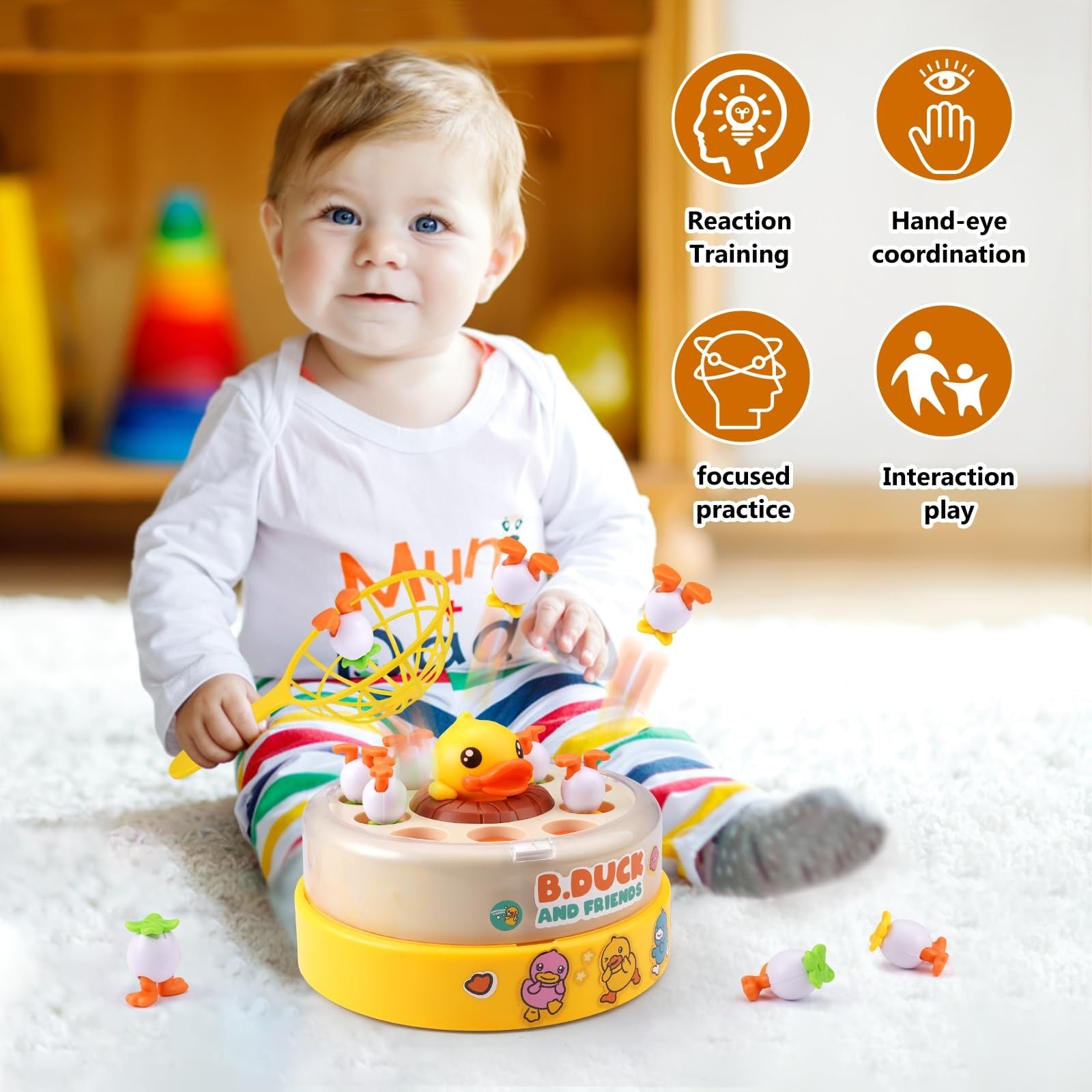 Children Duck Fishing Toy with Spring Popping Ducks, Catching Net and Spinner Base – Safe for Ages 3+