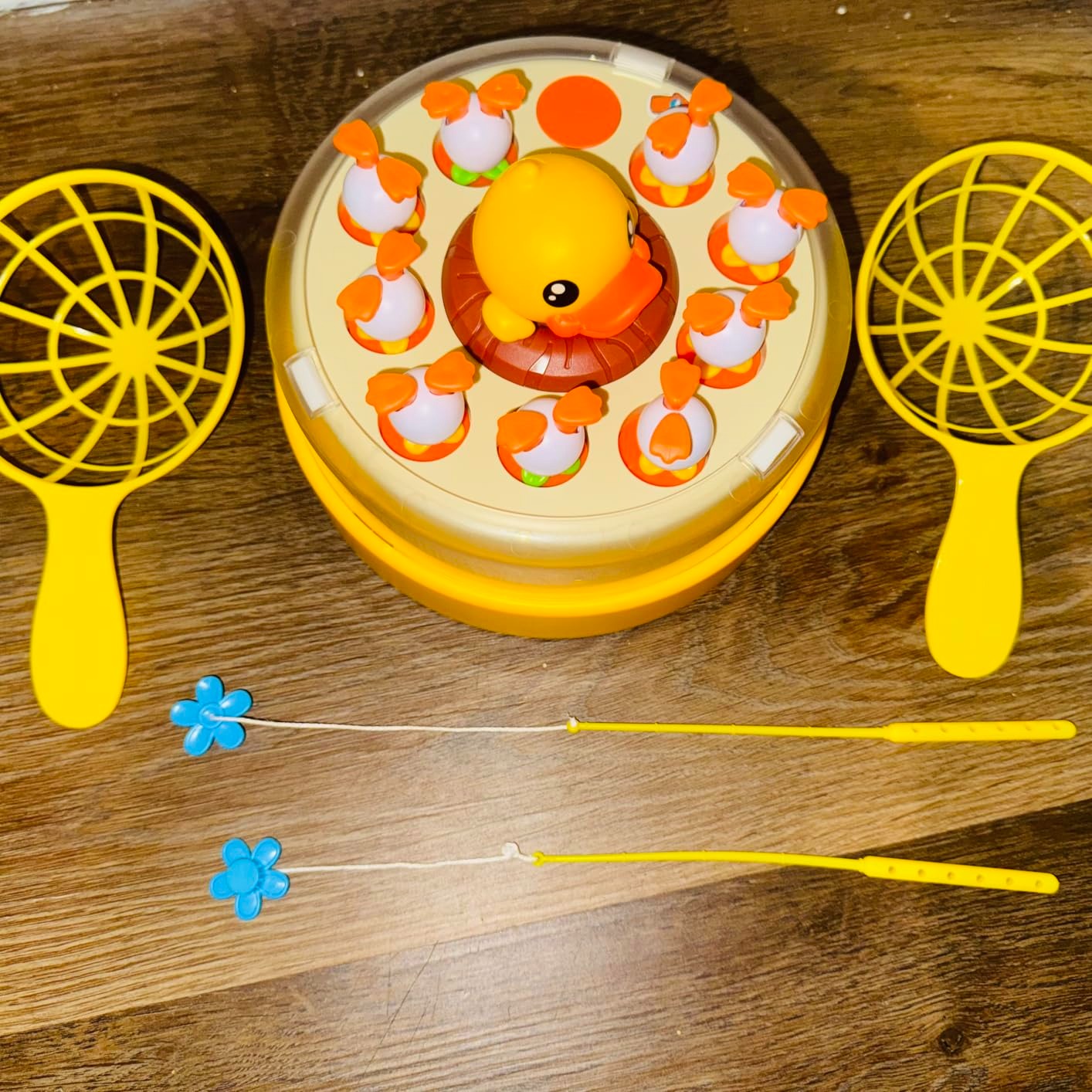 Children Duck Fishing Toy with Spring Popping Ducks, Catching Net and Spinner Base – Safe for Ages 3+