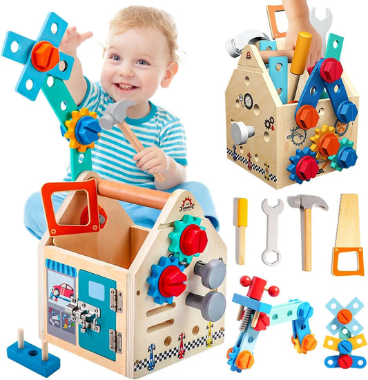 Childrens Wooden Toolbox Set Toy, Develop Real-Life Building Skills & Creative Thinking, Safe for Aged 2+