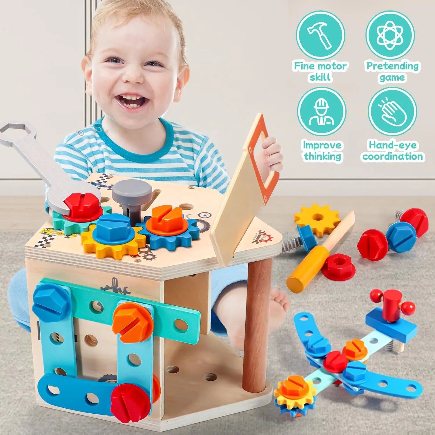 Childrens Wooden Toolbox Set Toy, Develop Real-Life Building Skills & Creative Thinking, Safe for Aged 2+