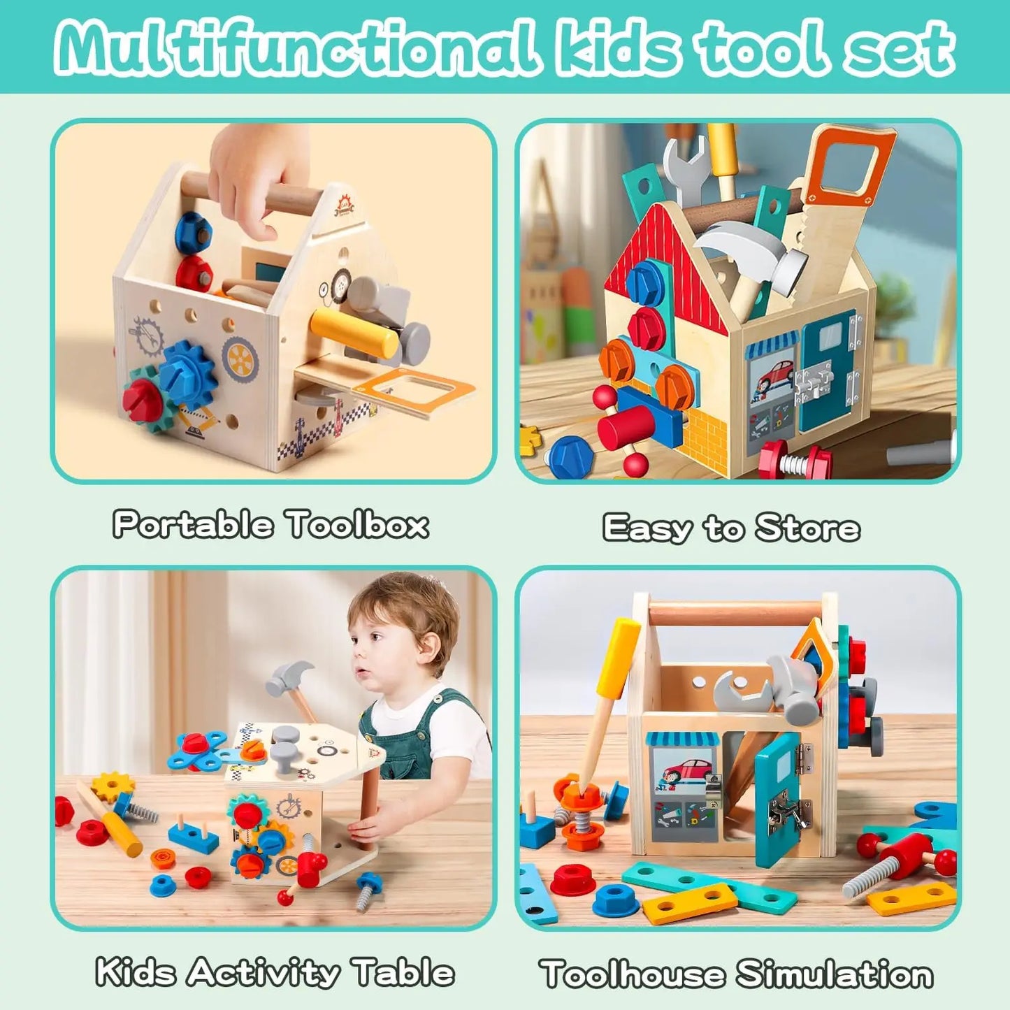 Childrens Wooden Toolbox Set Toy, Develop Real-Life Building Skills & Creative Thinking, Safe for Aged 2+