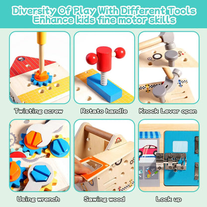 Childrens Wooden Toolbox Set Toy, Develop Real-Life Building Skills & Creative Thinking, Safe for Aged 2+