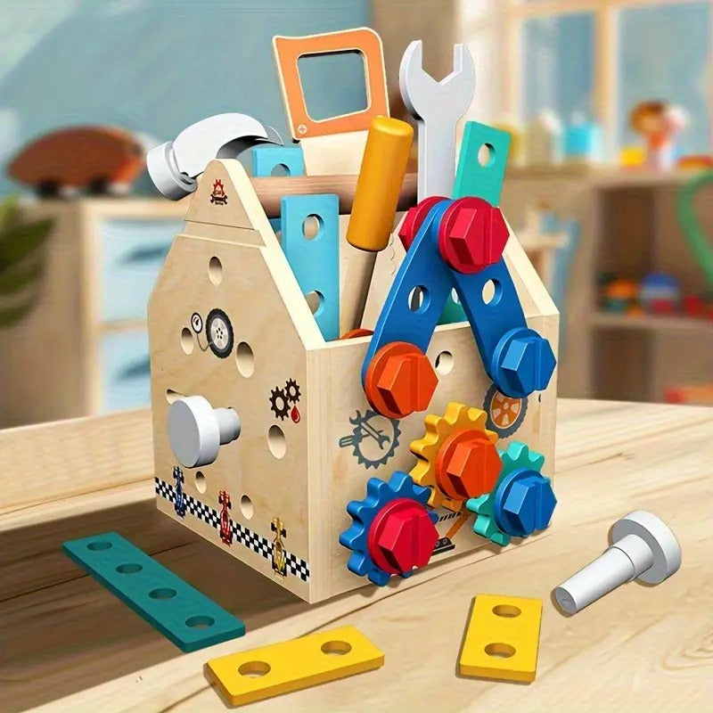 Childrens Wooden Toolbox Set Toy, Develop Real-Life Building Skills & Creative Thinking, Safe for Aged 2+