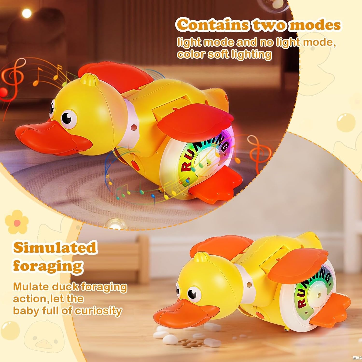 Crawling Baby with Musical Duck, Auto Obstacle Avoidance, RGB Lights, 360° Spinning, Safe for Ages 1+