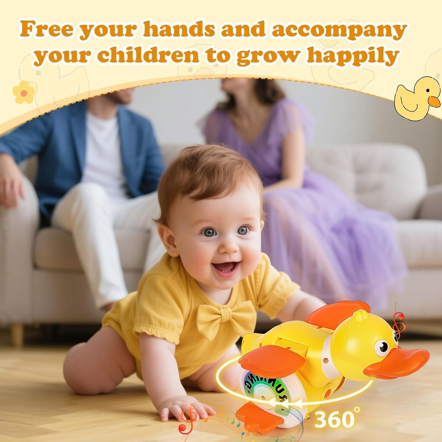 Crawling Baby with Musical Duck, Auto Obstacle Avoidance, RGB Lights, 360° Spinning, Safe for Ages 1+