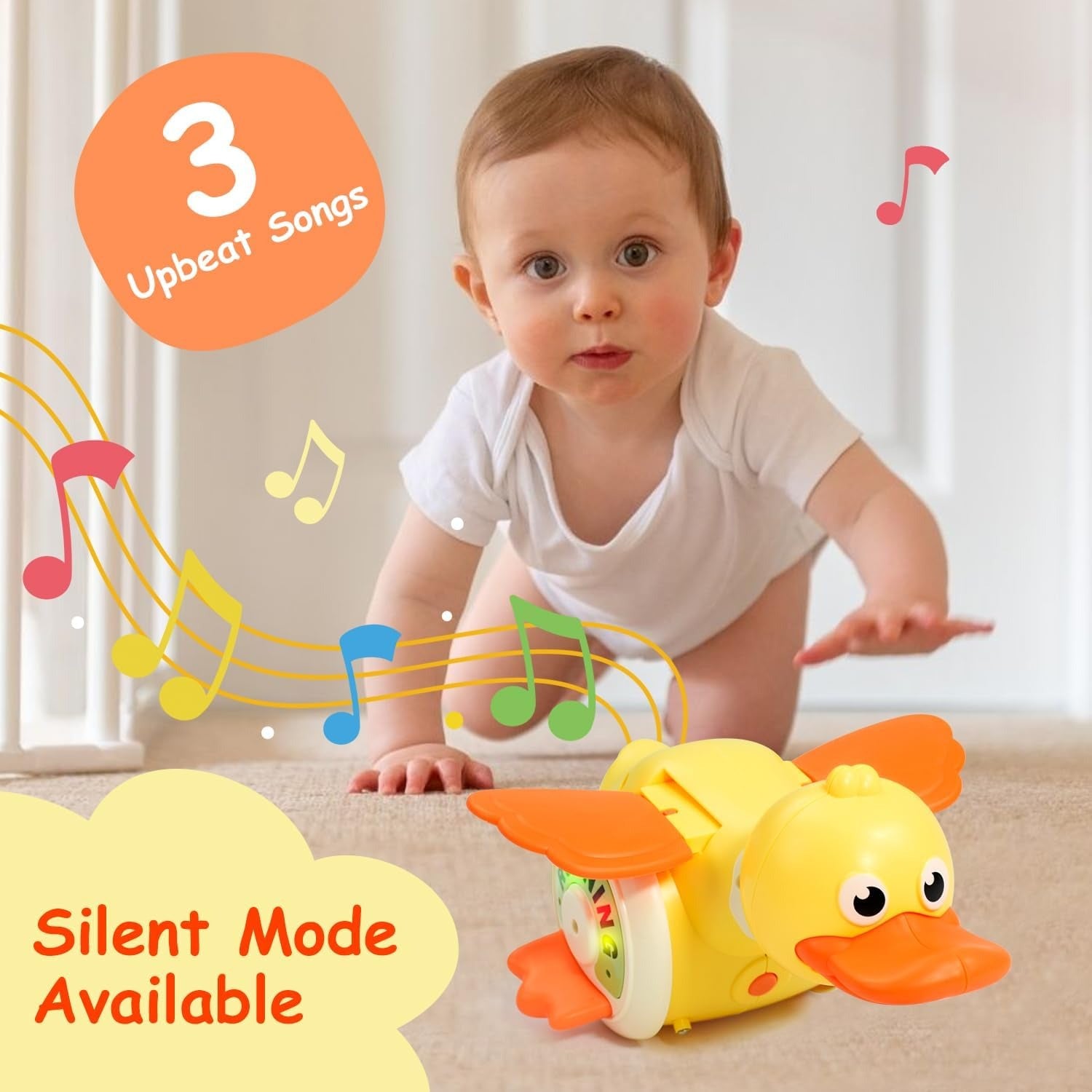 Crawling Baby with Musical Duck, Auto Obstacle Avoidance, RGB Lights, 360° Spinning, Safe for Ages 1+