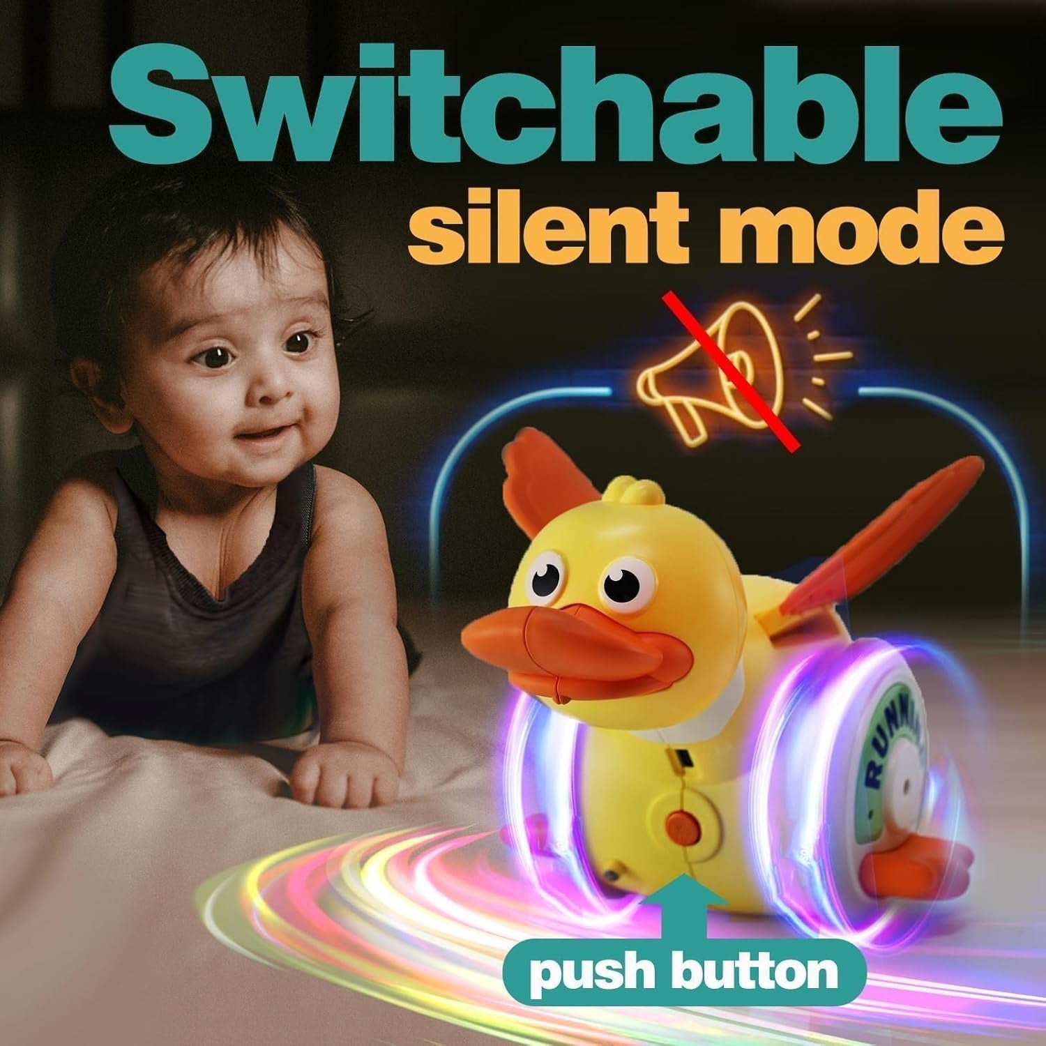 Crawling Baby with Musical Duck, Auto Obstacle Avoidance, RGB Lights, 360° Spinning, Safe for Ages 1+