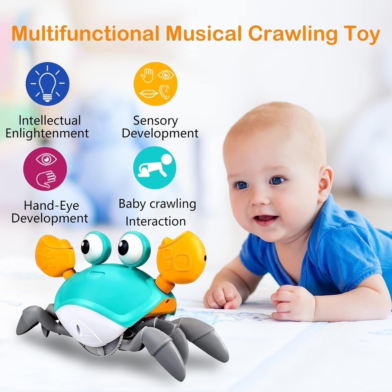 Crawling Crab Toy with Obstacle Avoidance Sensor, Music and LED Lights, Safe for Ages 3+