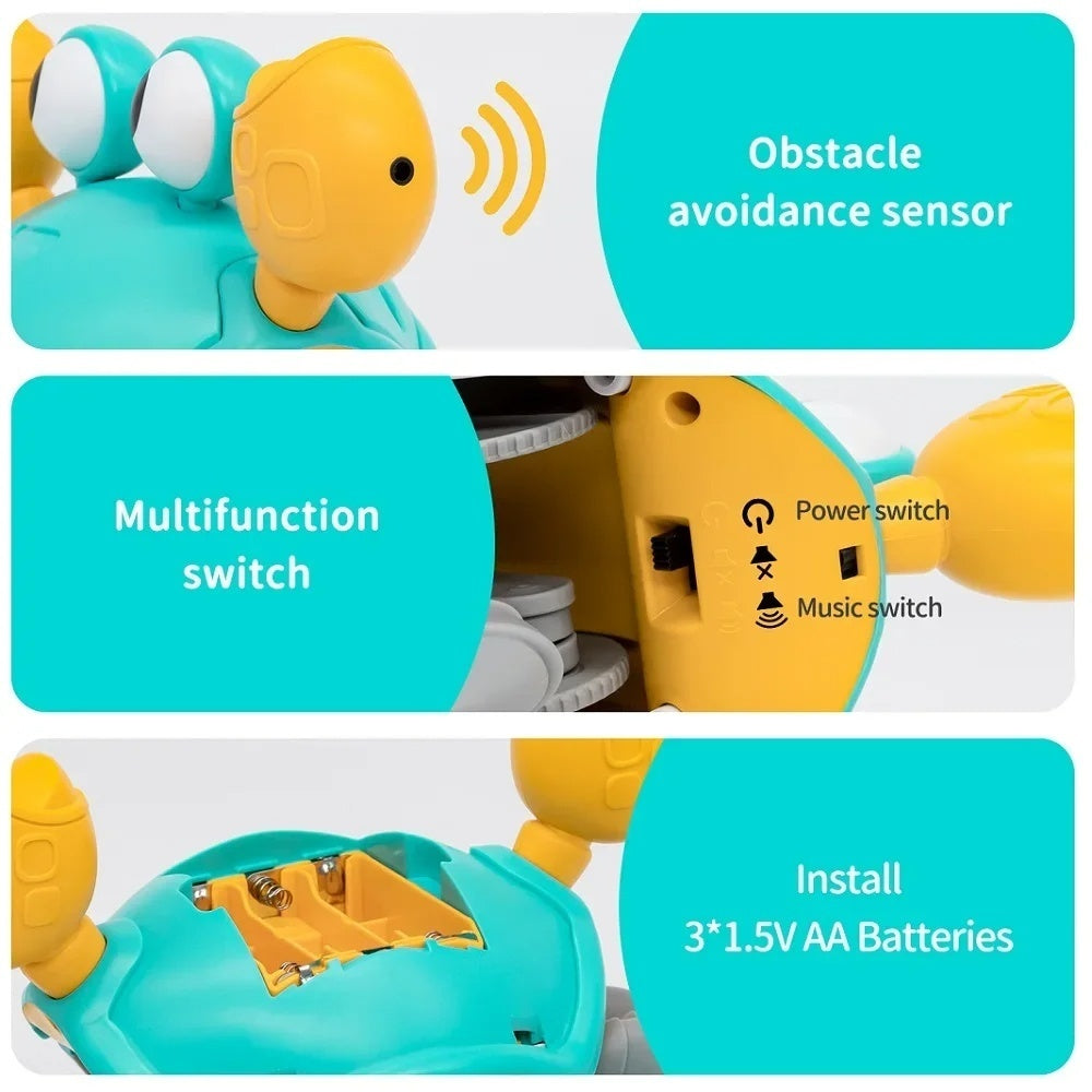 Crawling Crab Toy with Obstacle Avoidance Sensor, Music and LED Lights, Safe for Ages 3+