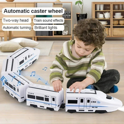 DIY Electric Train Toy with Lights and Sounds, 360 Spinning, Auto Obstacle Avoidance, Safe for Ages 2+