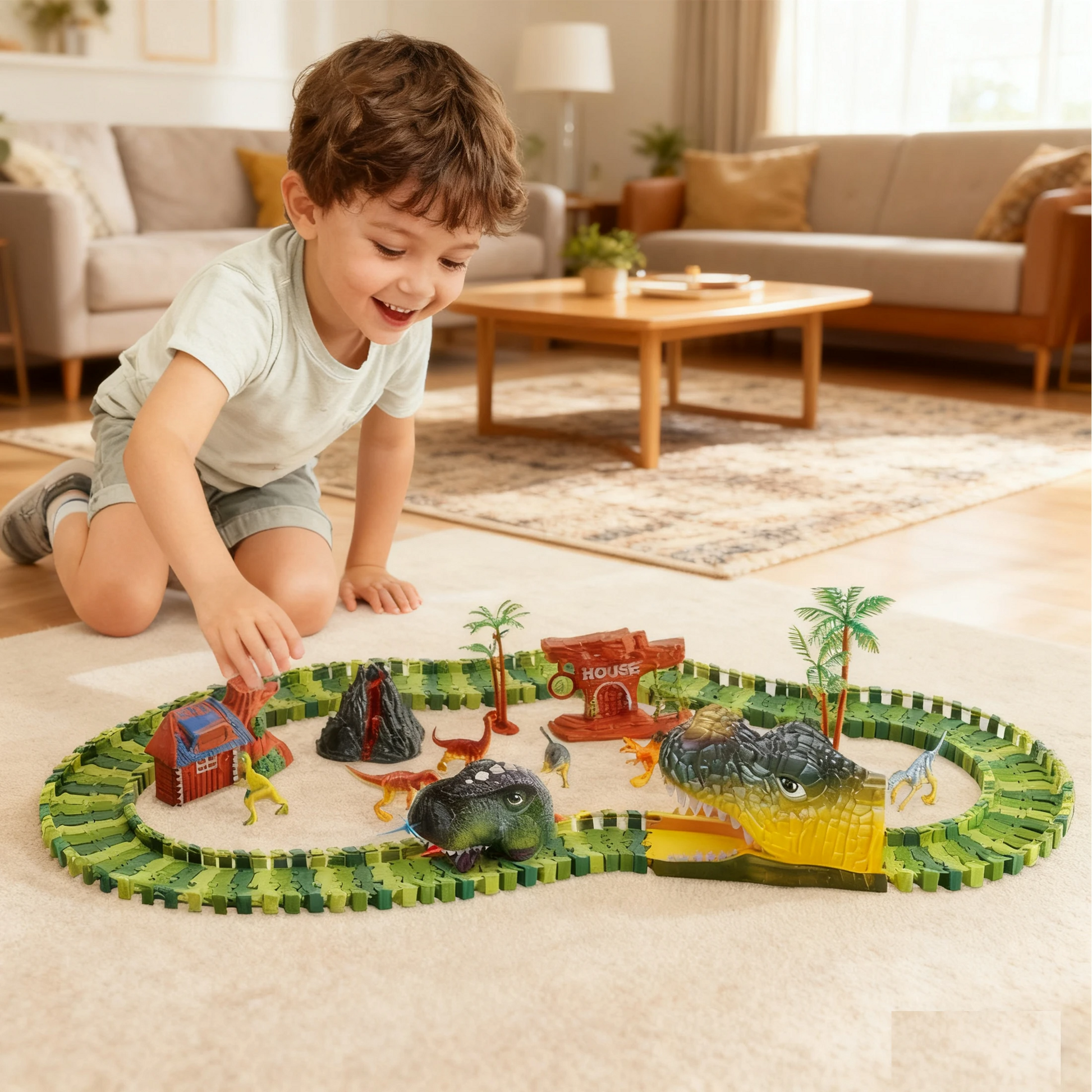 Dinosaur Train Track Playset Slot Car Race Track Sets Dino World Flexible Race Track Dinosaur Tunnel for Kids Birthdays Christmas Gift