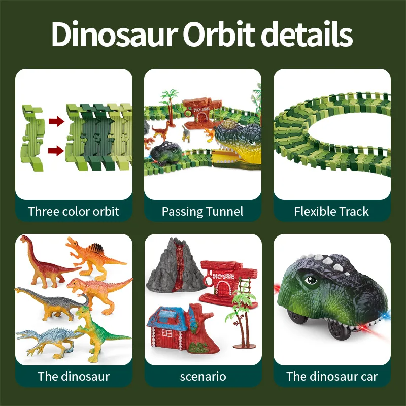 Dinosaur Train Track Playset Slot Car Race Track Sets Dino World Flexible Race Track Dinosaur Tunnel for Kids Birthdays Christmas Gift