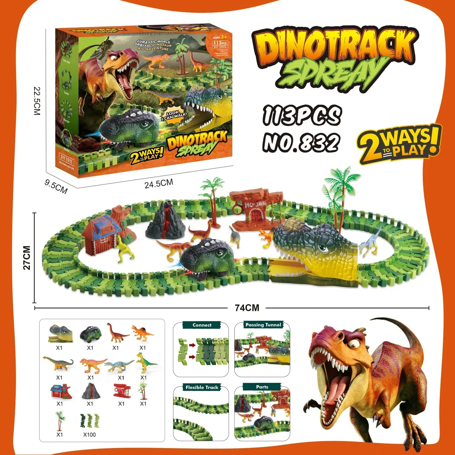 Dinosaur Train Track Playset Slot Car Race Track Sets Dino World Flexible Race Track Dinosaur Tunnel for Kids Birthdays Christmas Gift