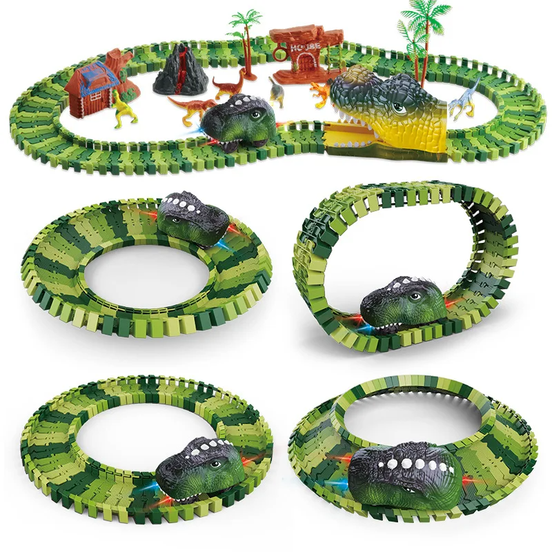 Dinosaur Train Track Playset Slot Car Race Track Sets Dino World Flexible Race Track Dinosaur Tunnel for Kids Birthdays Christmas Gift