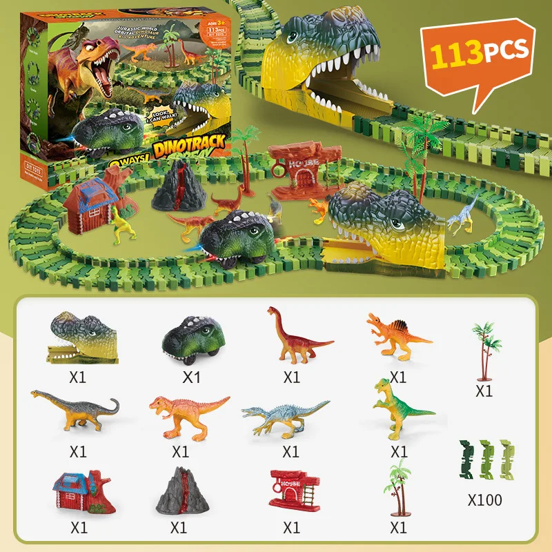 Dinosaur Train Track Playset Slot Car Race Track Sets Dino World Flexible Race Track Dinosaur Tunnel for Kids Birthdays Christmas Gift