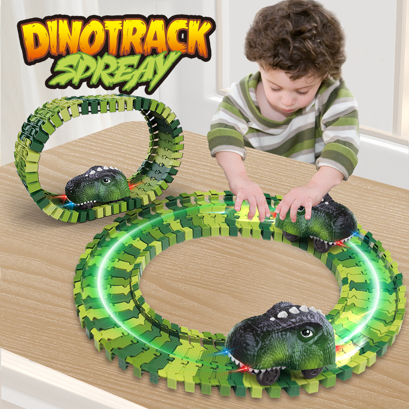 Dinosaur Train Track Playset Slot Car Race Track Sets Dino World Flexible Race Track Dinosaur Tunnel for Kids Birthdays Christmas Gift