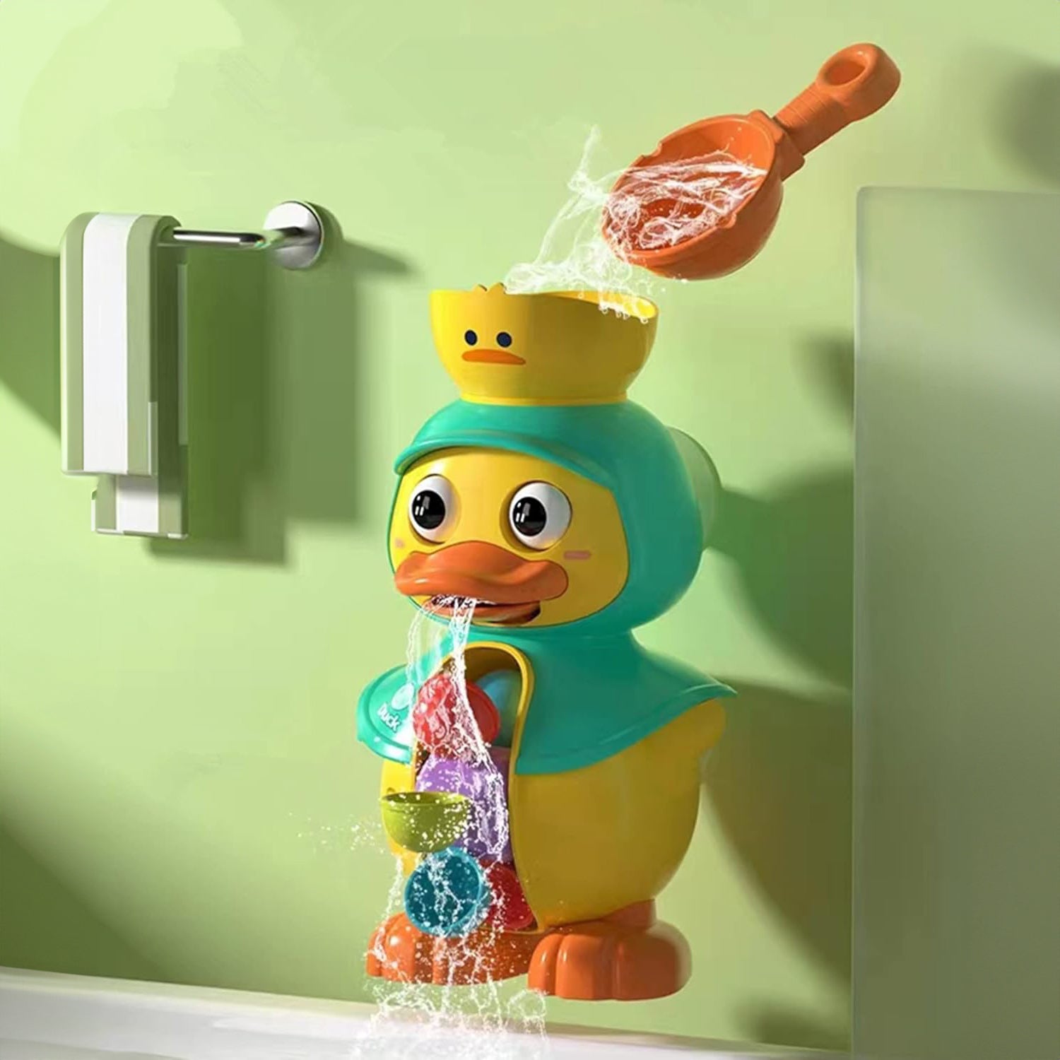 Duck Bath Toy with Rotating Water Wheels, Wall Suction, No Batteries Required, Safe for Ages 1+