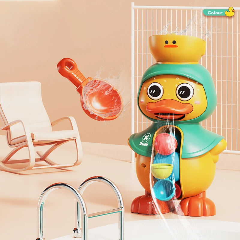 Duck Bath Toy with Rotating Water Wheels, Wall Suction, No Batteries Required, Safe for Ages 1+