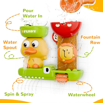Duck Bath Toy with Spinning Lion Gears, Waterfall and Suction Cups, Safe for Ages 1+