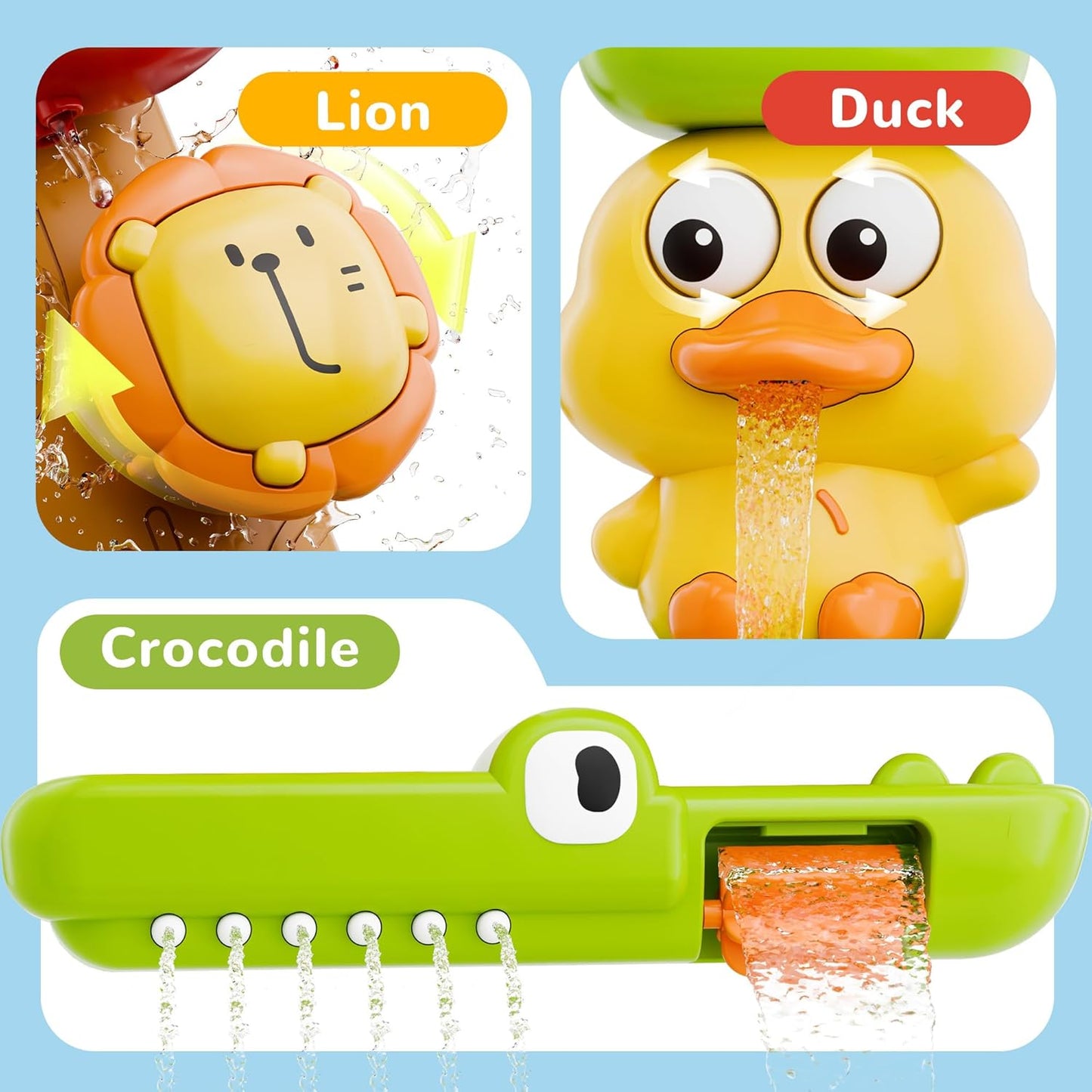 Duck Bath Toy with Spinning Lion Gears, Waterfall and Suction Cups, Safe for Ages 1+