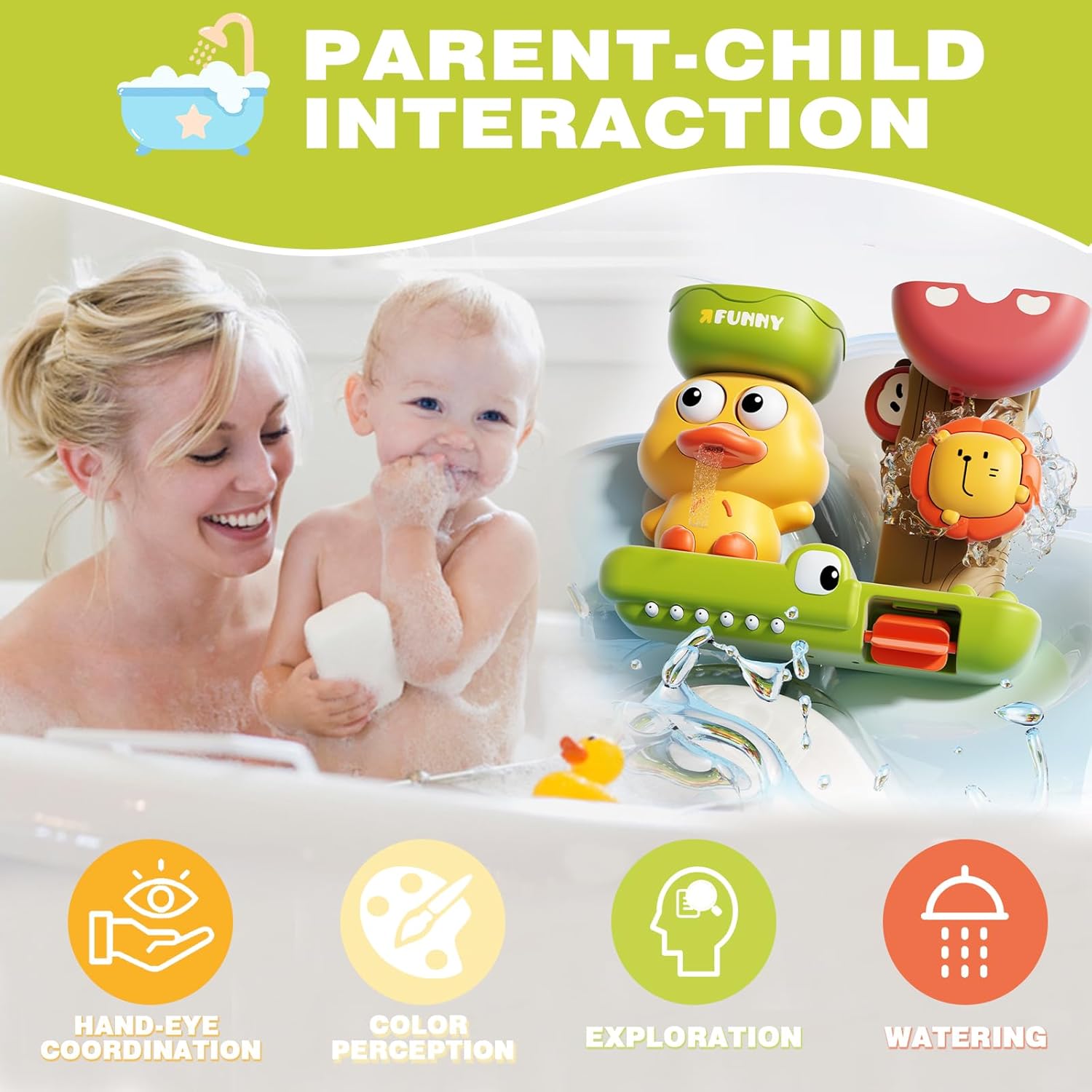 Duck Bath Toy with Spinning Lion Gears, Waterfall and Suction Cups, Safe for Ages 1+