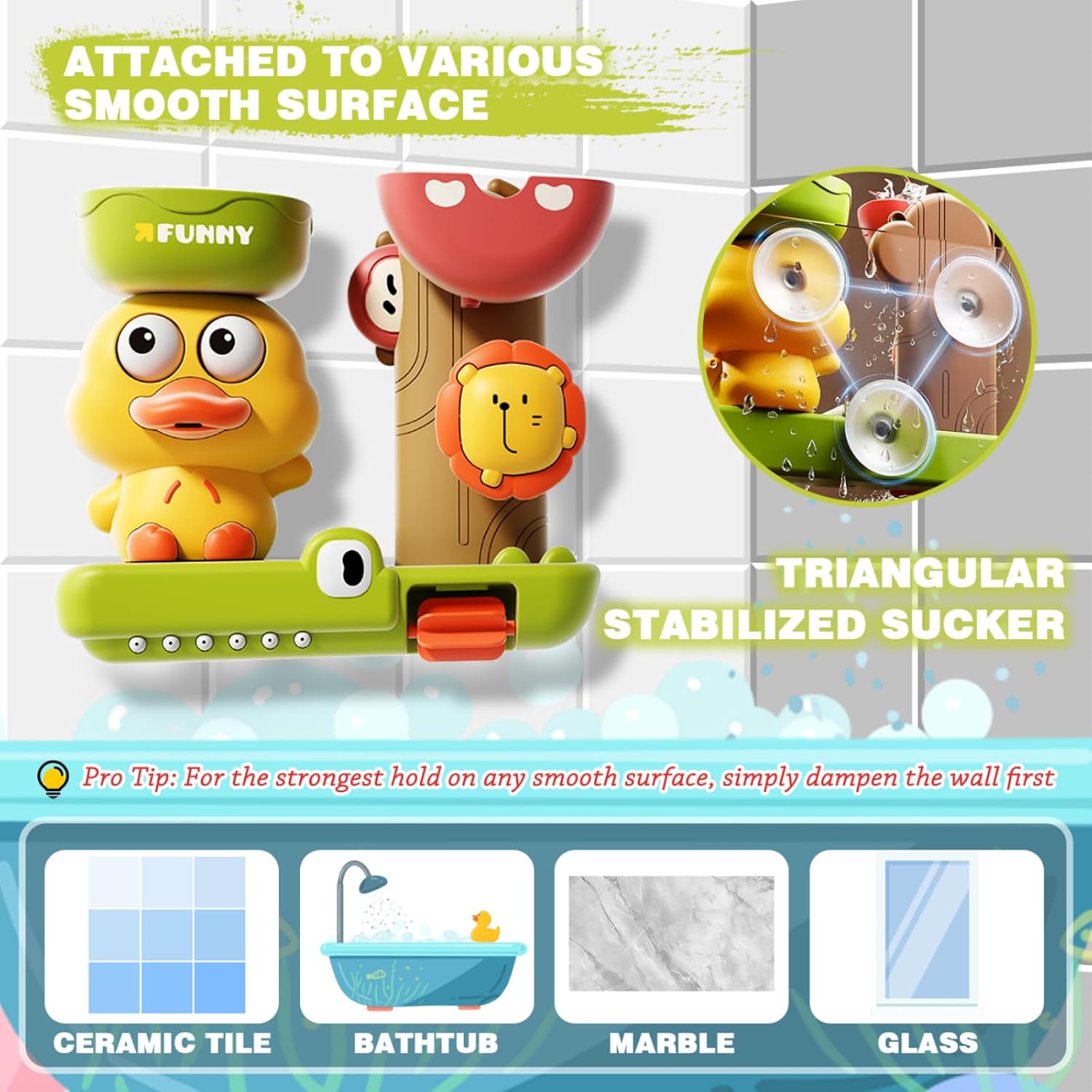 Duck Bath Toy with Spinning Lion Gears, Waterfall and Suction Cups, Safe for Ages 1+