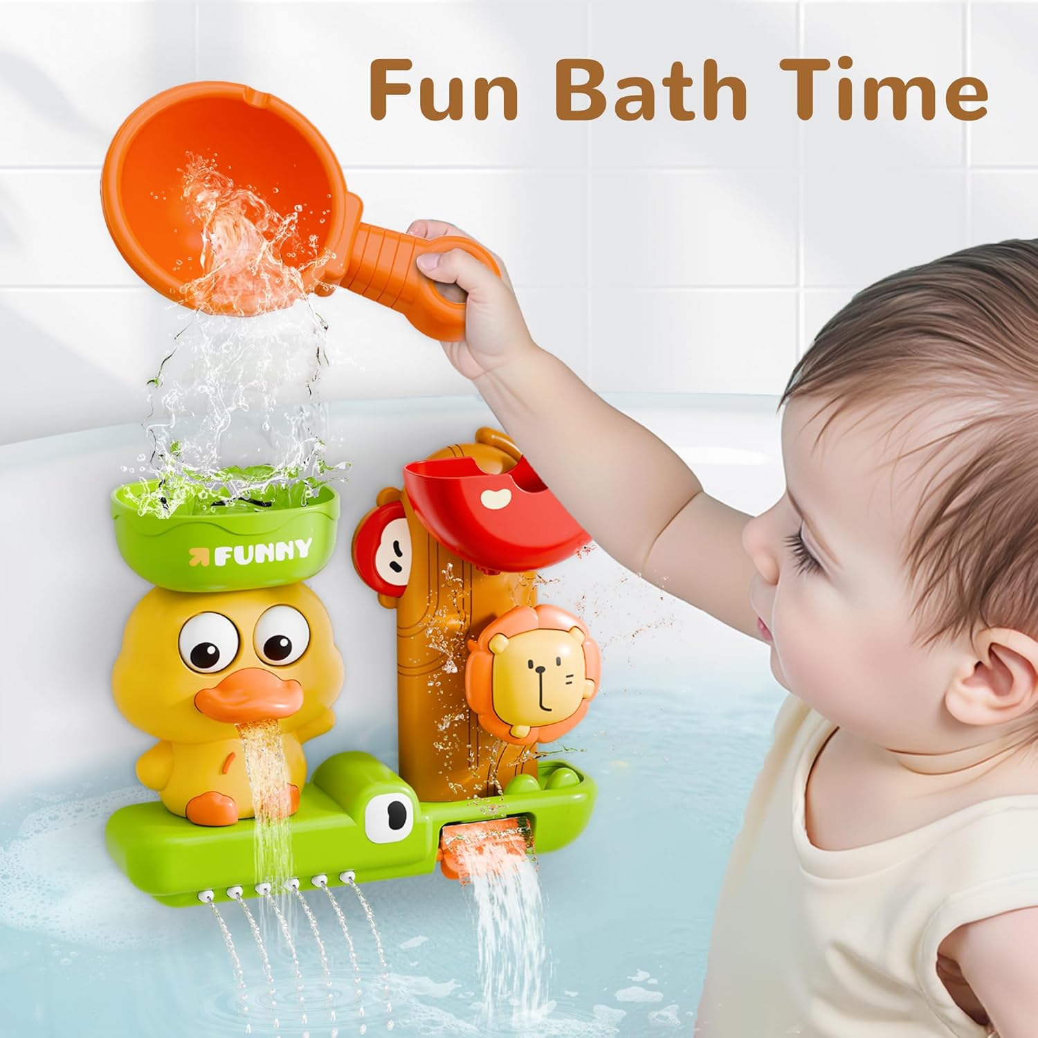 Duck Bath Toy with Spinning Lion Gears, Waterfall and Suction Cups, Safe for Ages 1+