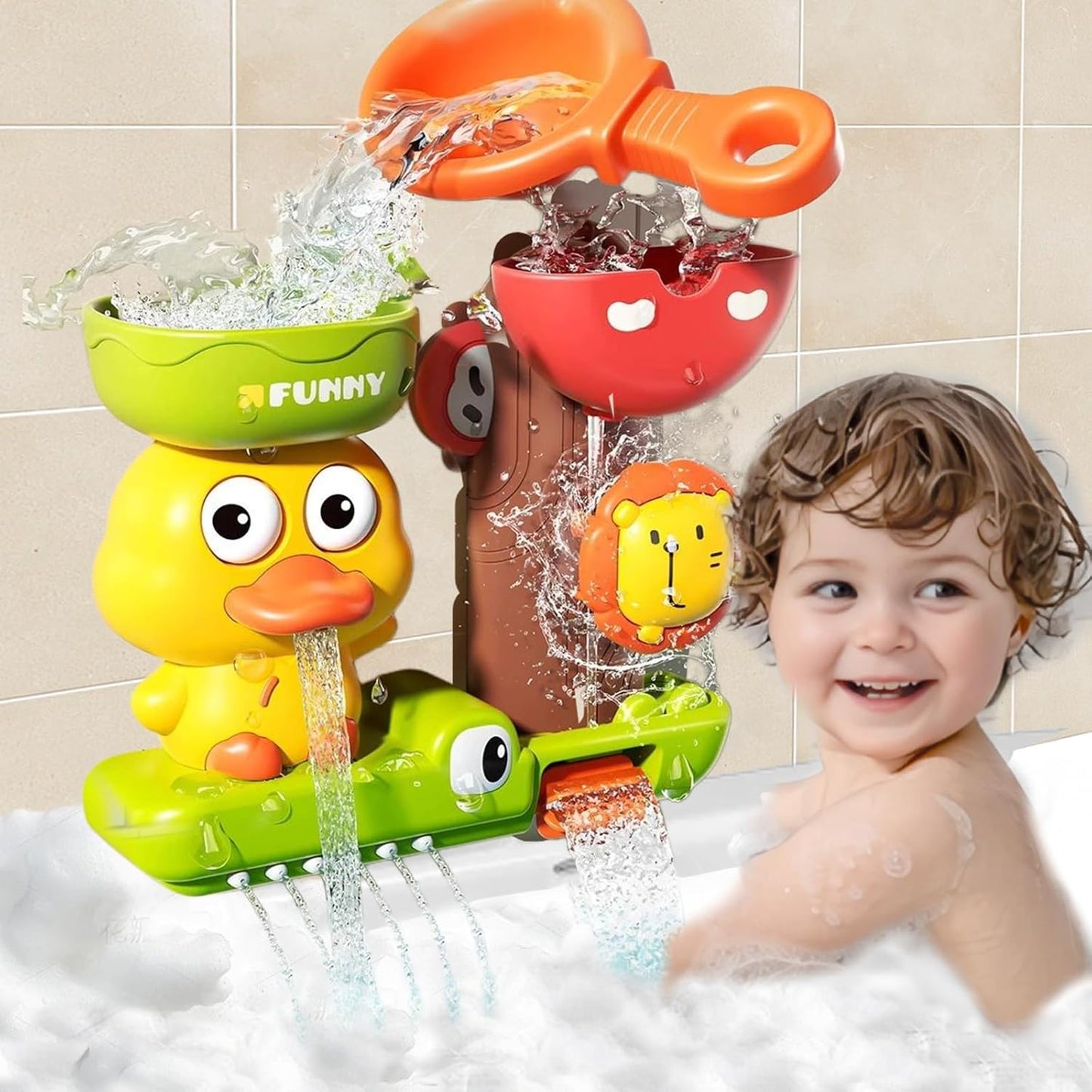 Duck Bath Toy with Spinning Lion Gears, Waterfall and Suction Cups, Safe for Ages 1+