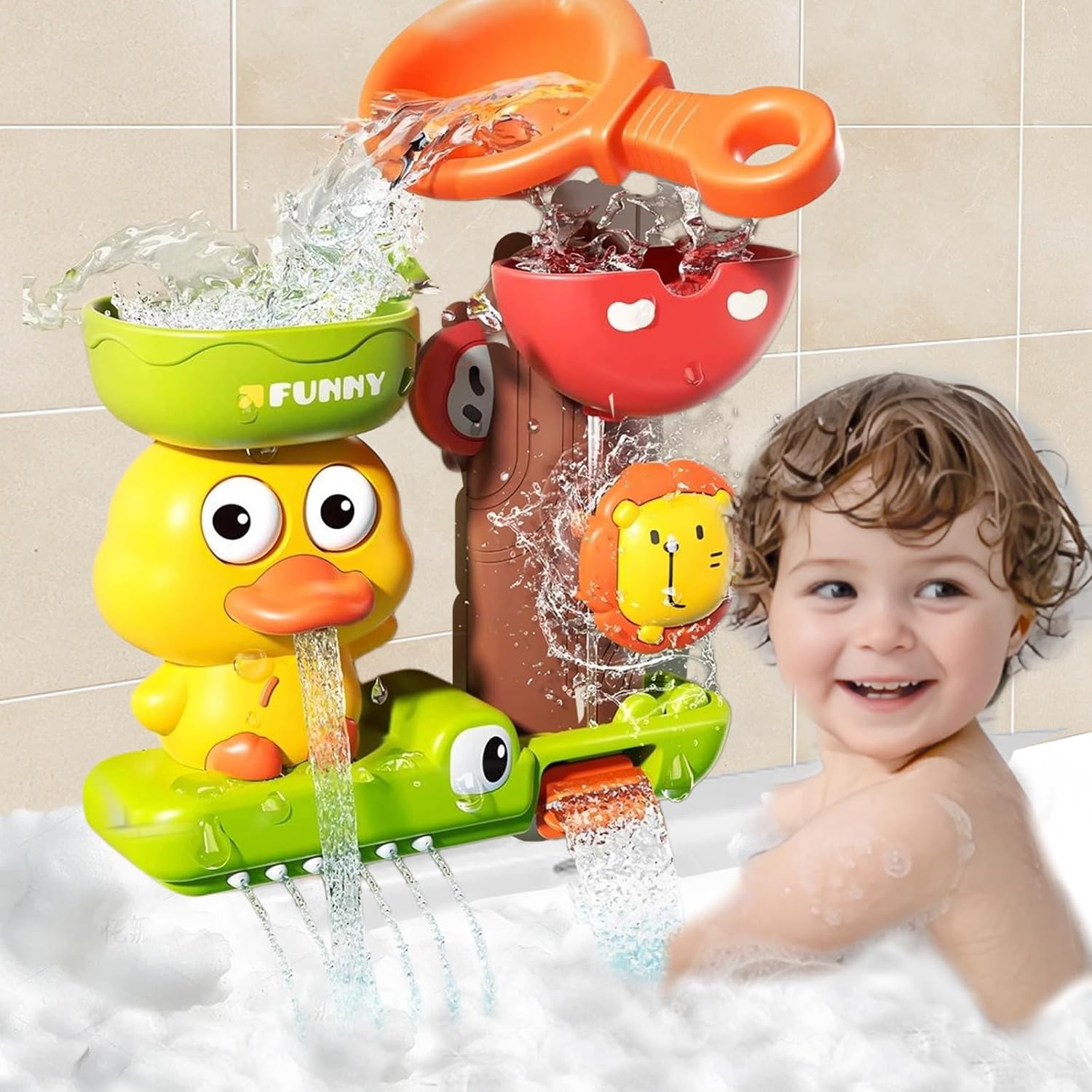 Duck Bath Toy with Spinning Lion Gears, Waterfall and Suction Cups, Safe for Ages 1+