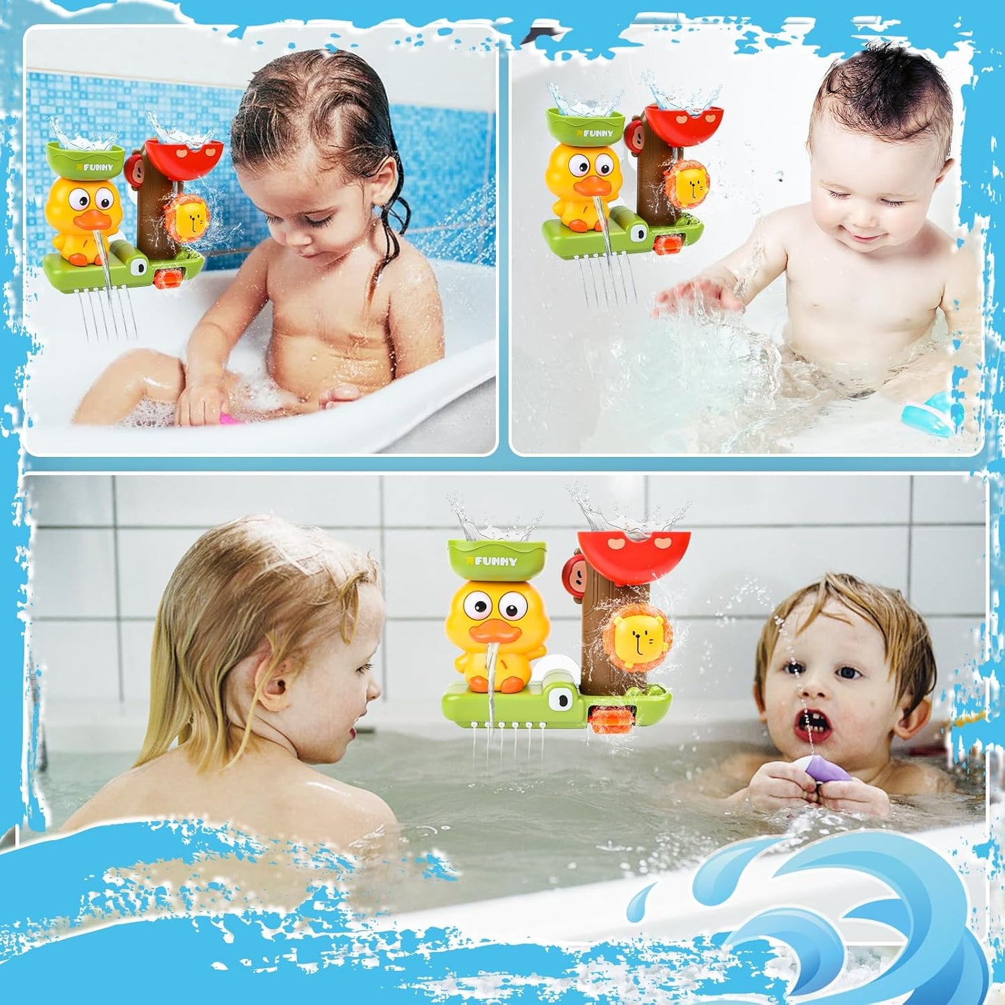 Duck Bath Toy with Spinning Lion Gears, Waterfall and Suction Cups, Safe for Ages 1+