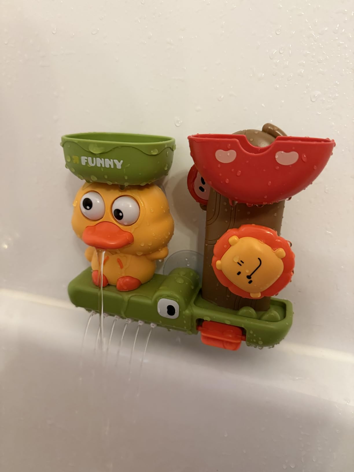 Duck Bath Toy with Spinning Lion Gears, Waterfall and Suction Cups, Safe for Ages 1+