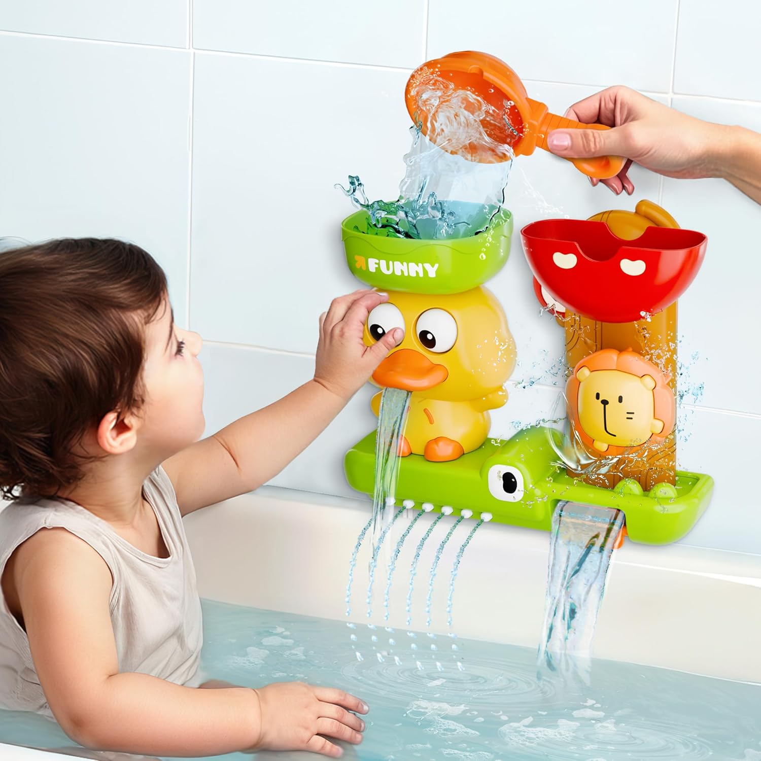 Duck Bath Toy with Spinning Lion Gears, Waterfall and Suction Cups, Safe for Ages 1+