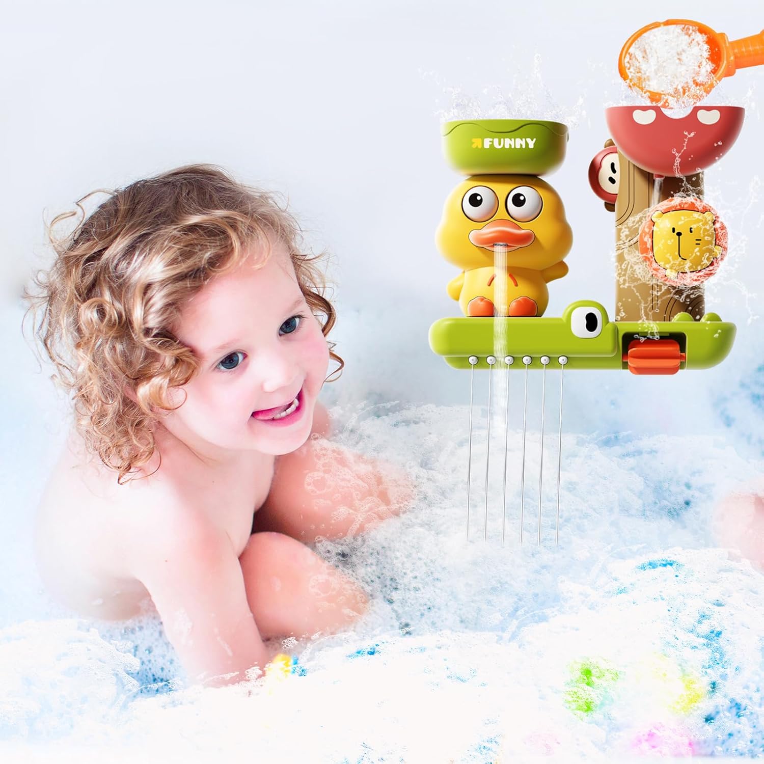 Duck Bath Toy with Spinning Lion Gears, Waterfall and Suction Cups, Safe for Ages 1+