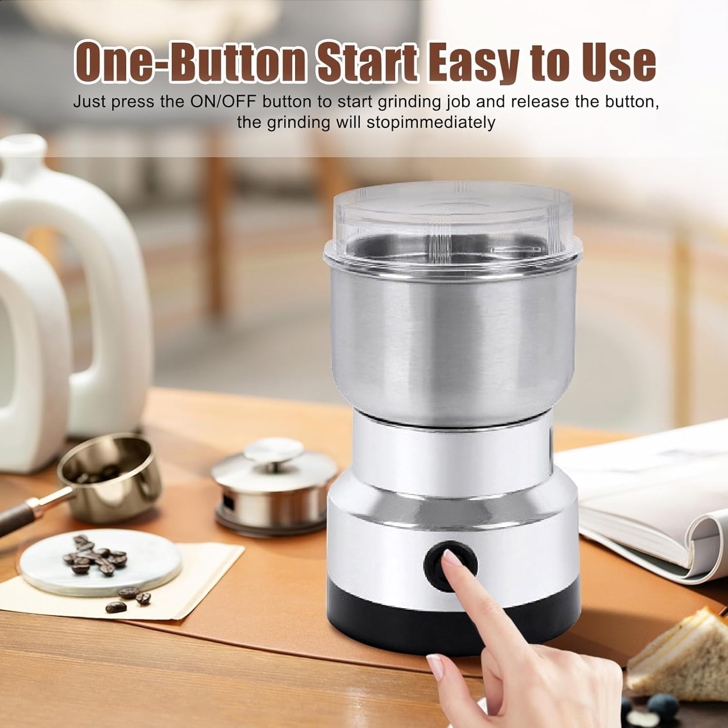 Electric Coffee Grinder and Spice Mill With Four-Edge Blade, Fine Dry Grinding, Electric Milling Function
