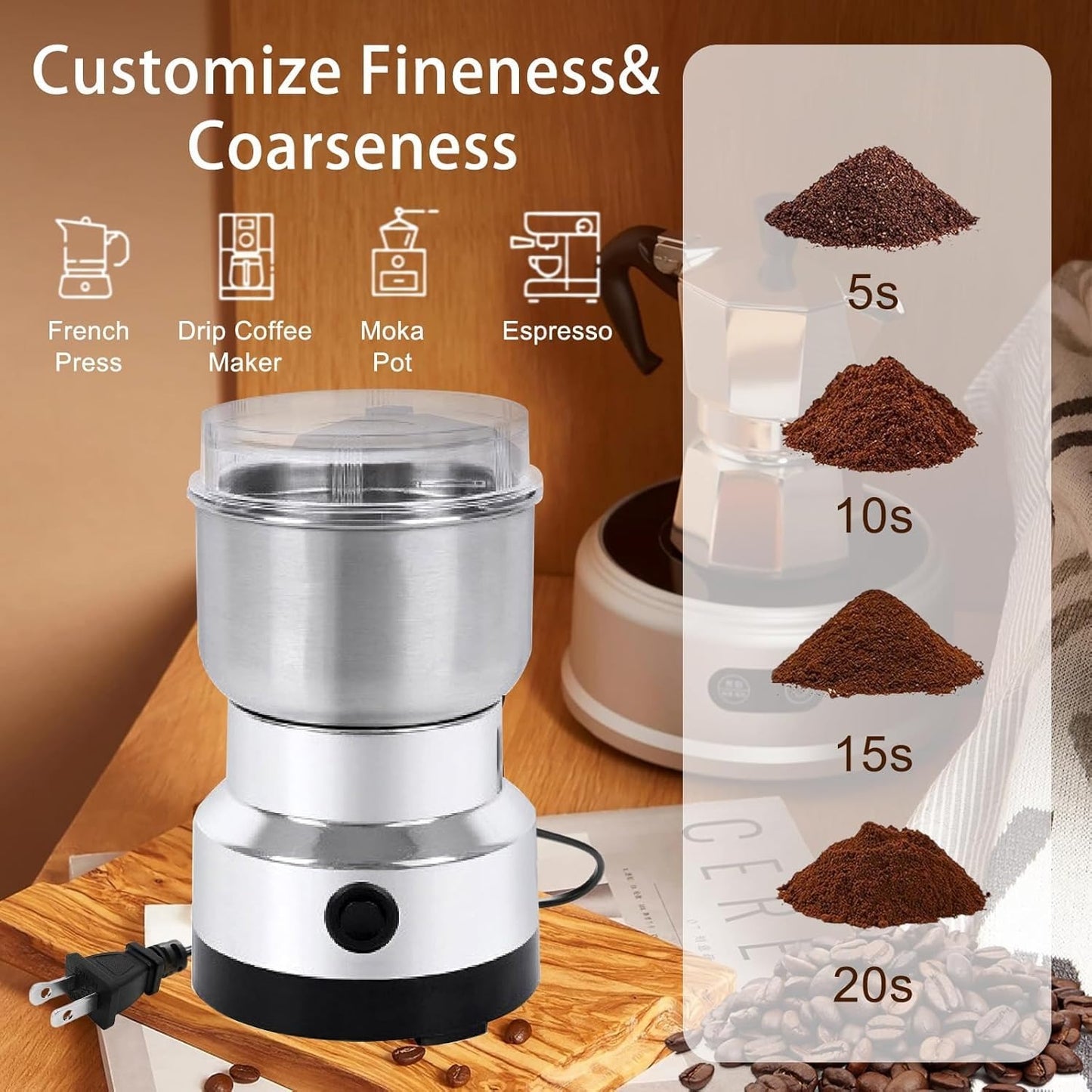 Electric Coffee Grinder and Spice Mill With Four-Edge Blade, Fine Dry Grinding, Electric Milling Function